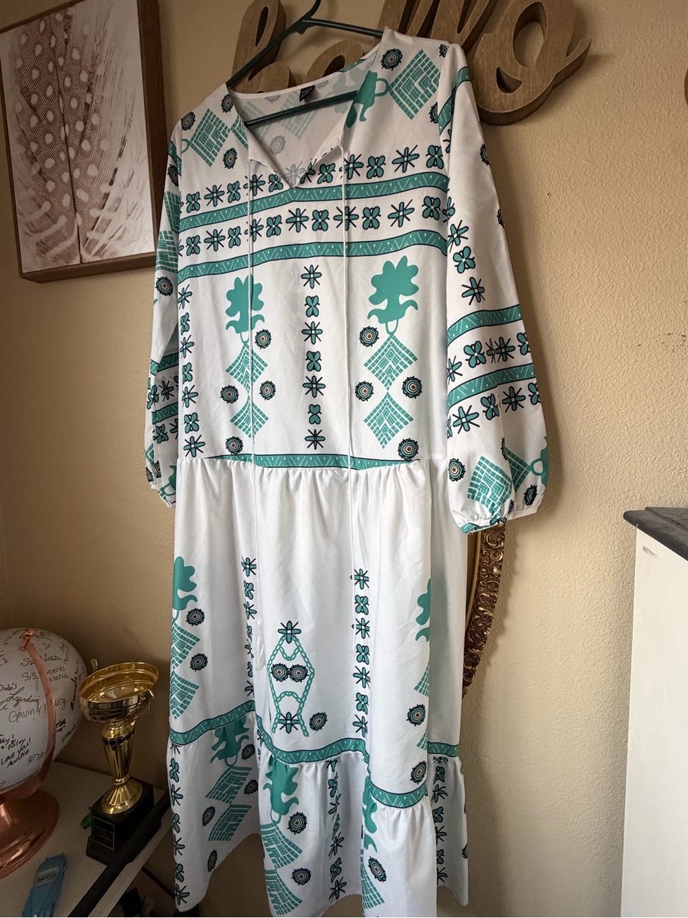 SHEIN White Maxi Dress with Teal Folk Print
